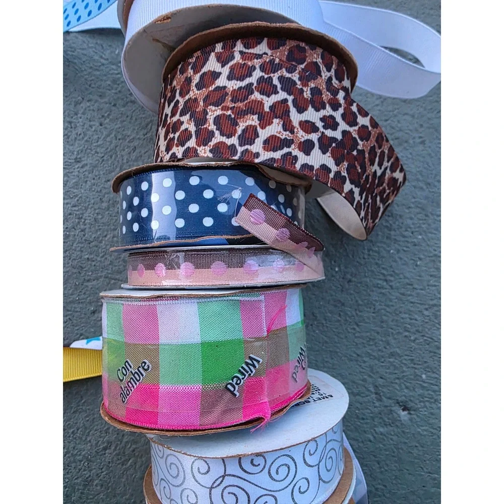 Offray Ribbon Lot 9‎ Spools Leopard Polka Dot Gingham Stars Grosgrain Wired A5